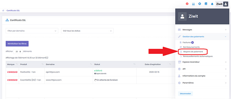 Supprimer la carte de paiement moyens de paiement
