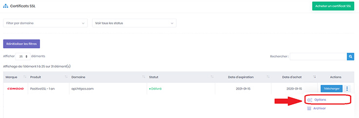 délivrer le certificat SSL une deuxième fois options