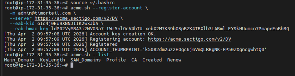 Enregistrement du compte ACME